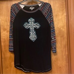 Chaps Black Top with Multicolor Patterned Sleeves and Cross Design